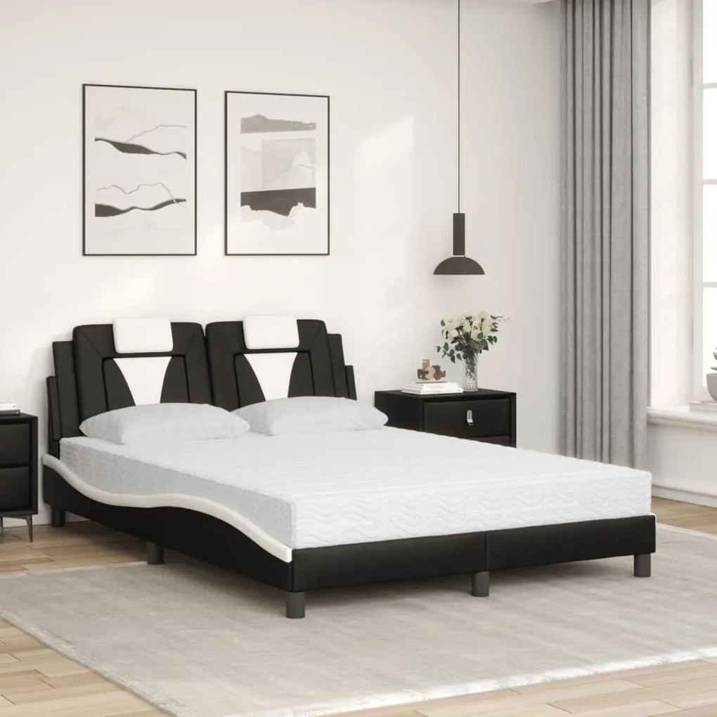 Cama com colchão 140x200 cm couro artificial preto e branco