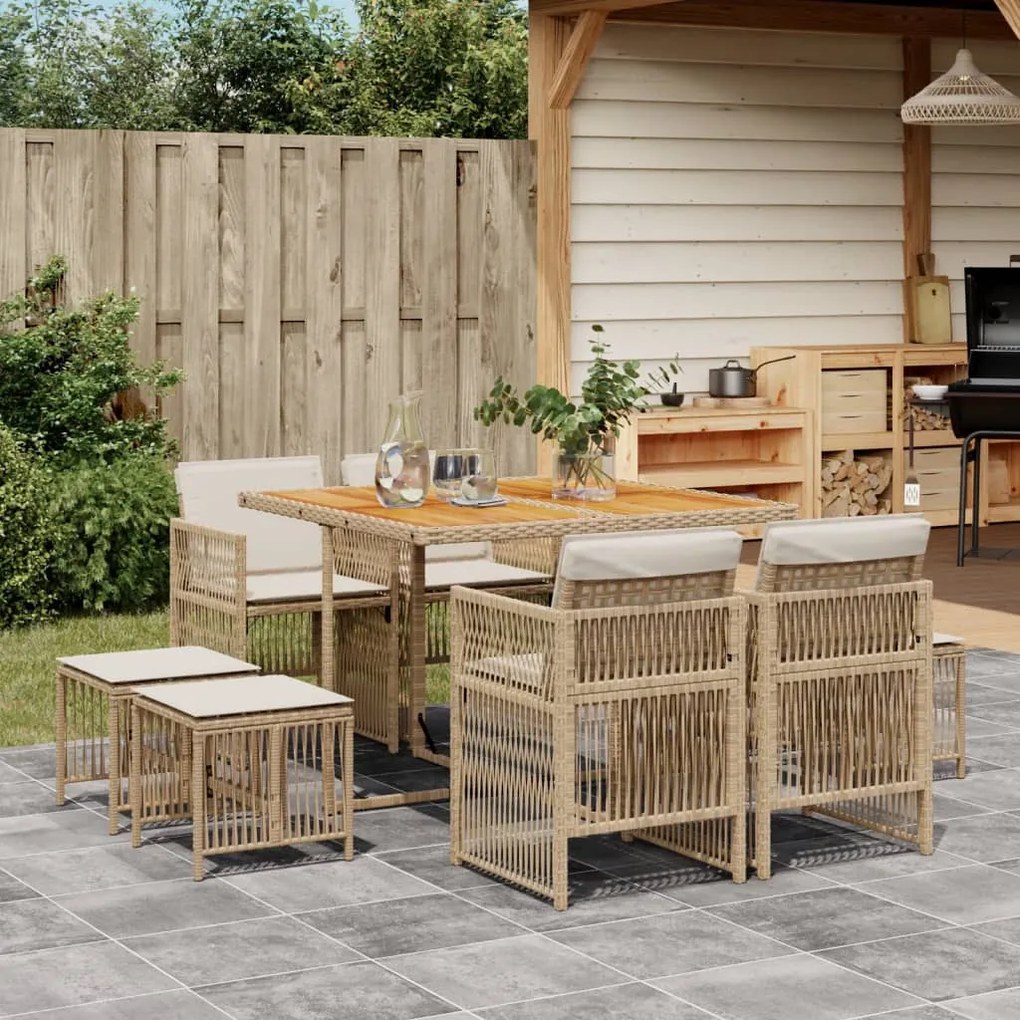 vidaXL 9 pcs conjunto de jantar p/ jardim com almofadões vime PE bege
