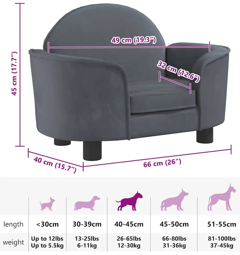 Cama para cães 66x40x45 cm veludo cinzento-escuro