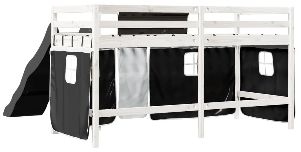 Cama alta criança c/ cortina 90x200cm pinho maciço branco/preto