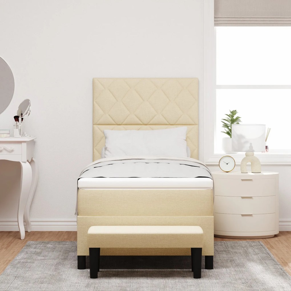 Cama Box Spring com Colchão e Banco Creme 90x200 cm Tecido