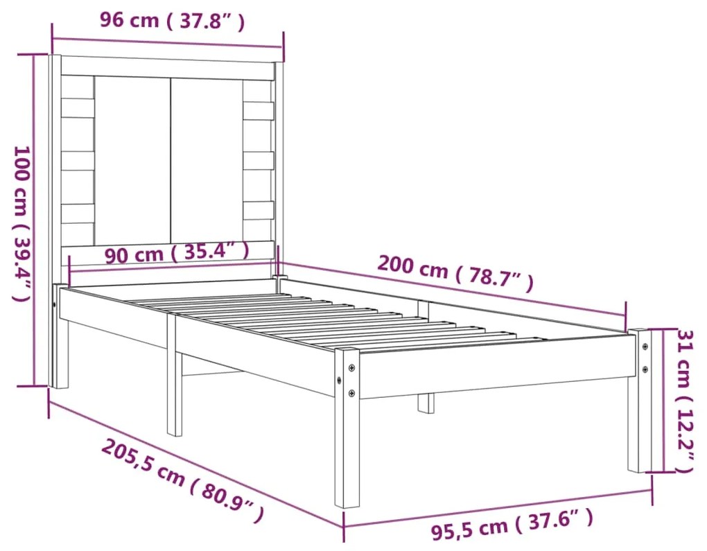 Estrutura de cama 90 x 200 cm pinho maciço