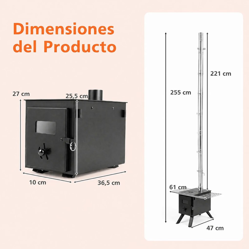 Estufa a Lenha Portátil, 61 x 47 x 255 cm, Design Dobrável, Preto