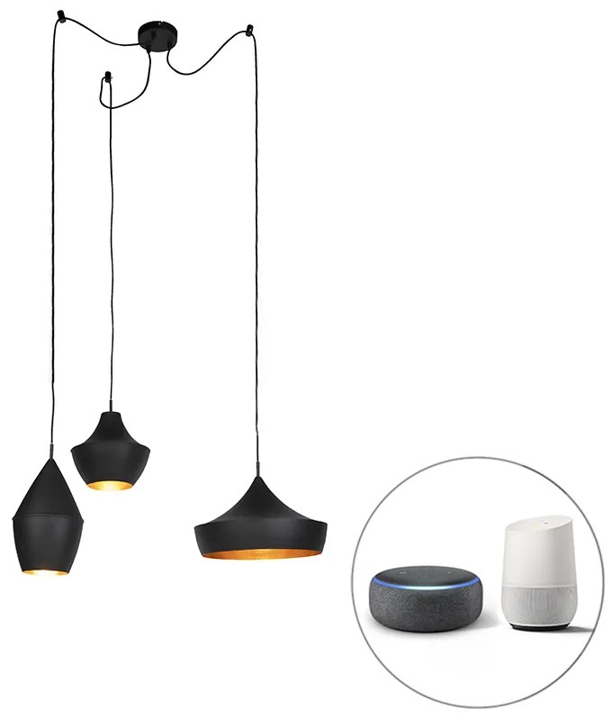 LED Conjunto de 3 lâmpadas suspensas inteligentes pretas com ouro incl. Wifi A60 - Depeche Moderno