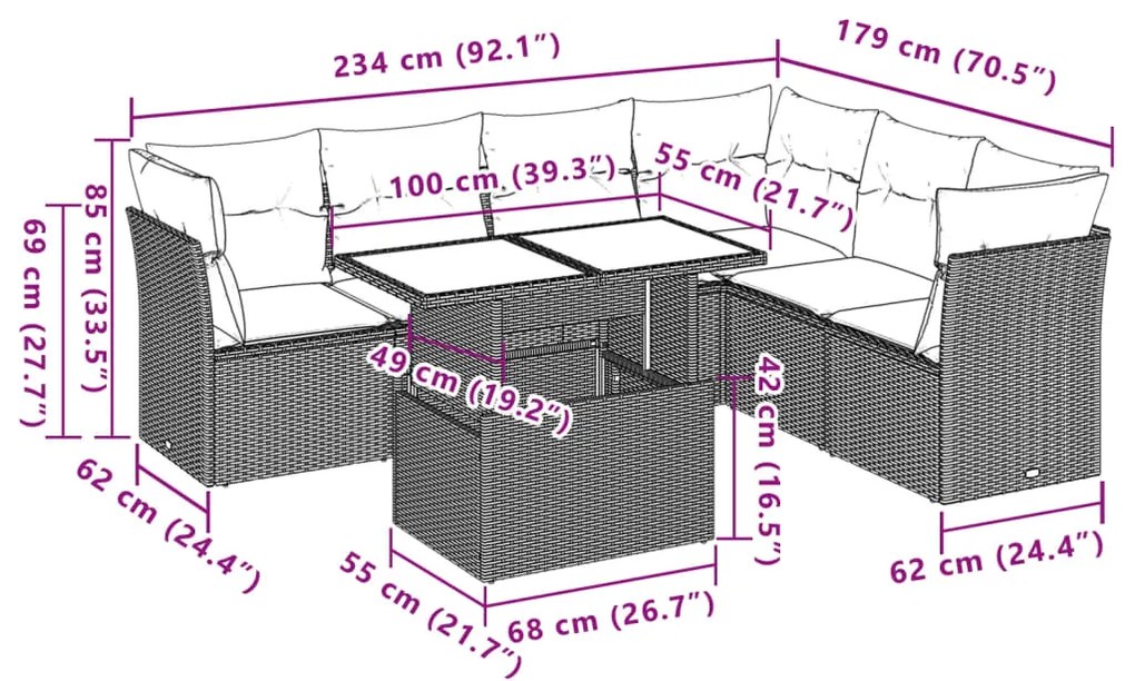 7 pcs conjunto de sofás p/ jardim com almofadões vime PE bege