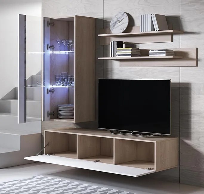 Conjunto de Móveis de Sala Samora – 1,6 m – Modular em Sonoma e Branco