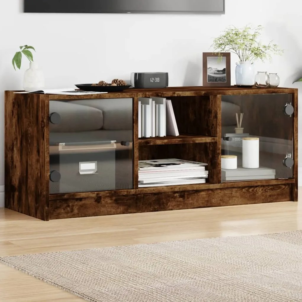 Móvel de TV c/ portas de vidro 102x37x42 cm carvalho fumado