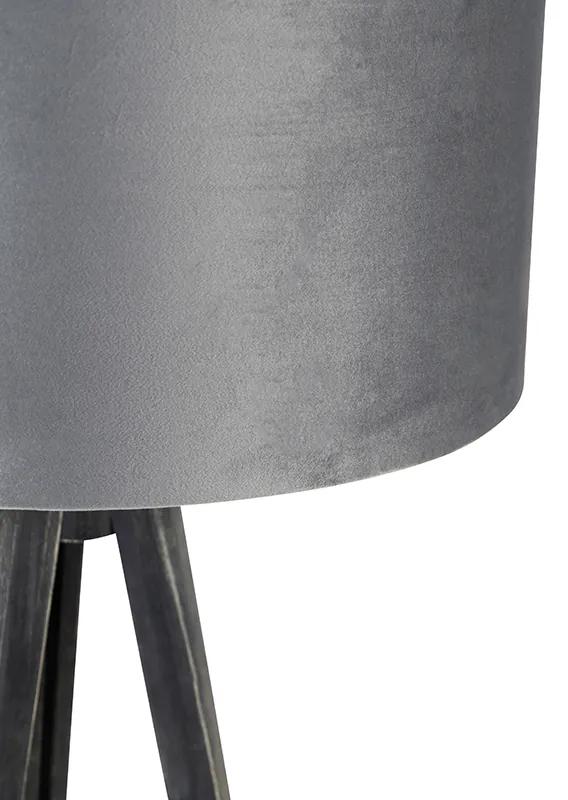 Candeeiro de pé tripé preto com abajur cinza 50 cm - Tripod Classic Moderno