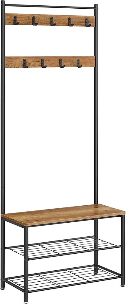 Cabide com sapateiras VASAGLE HSR041B41, sapateira com assento para corredor, com ganchos, 3 prateleiras, metal, altura 177 cm, design industrial, marrom nogueira/preto
