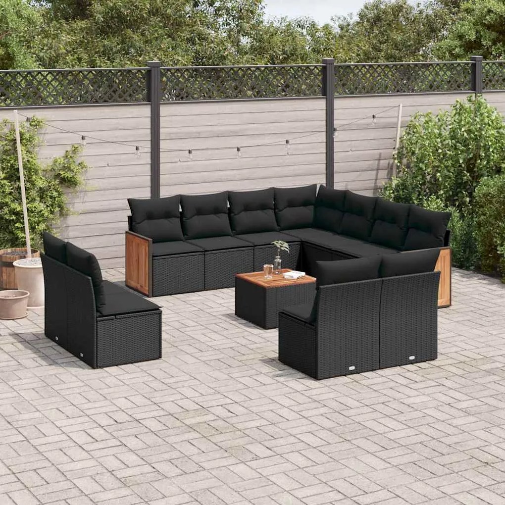 12 pcs conjunto de sofás de jardim c/ almofadões vime PE preto
