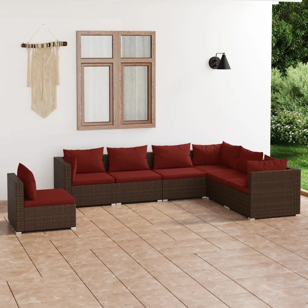 vidaXL 7 pcs conjunto lounge jardim c/ almofadões vime PE castanho