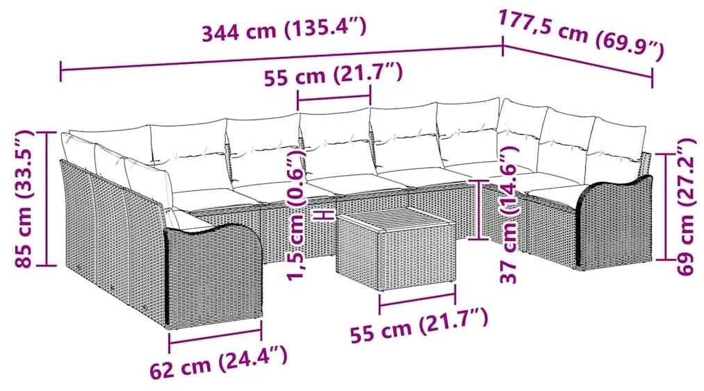 Conjunto de Sofá Modular de 11 peças para Jardim com Almofadas Preto R