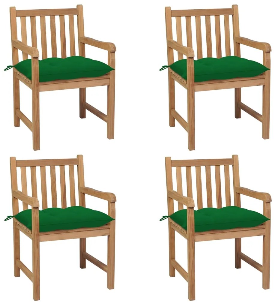 vidaXL Cadeiras de jardim c/ almofadões verdes 4 pcs teca maciça