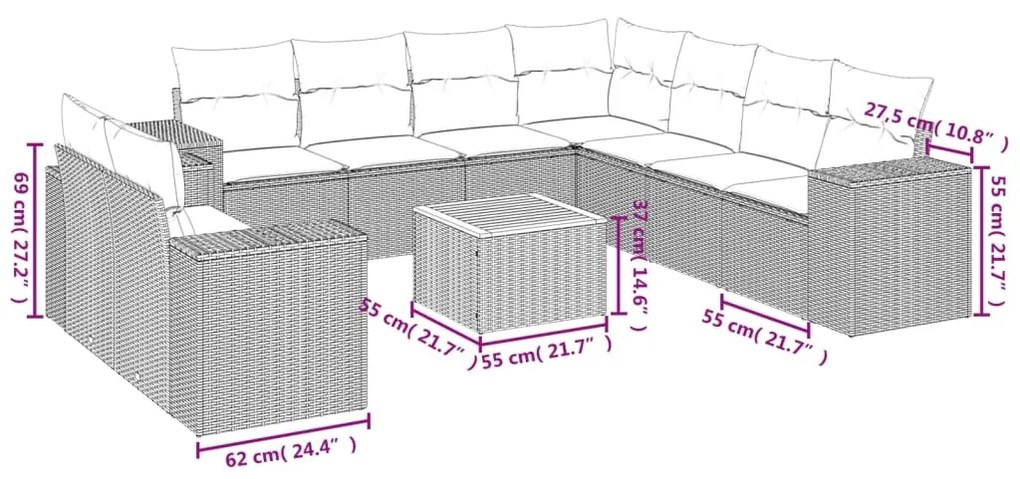 10 pcs conjunto de sofás p/ jardim com almofadões vime PE bege