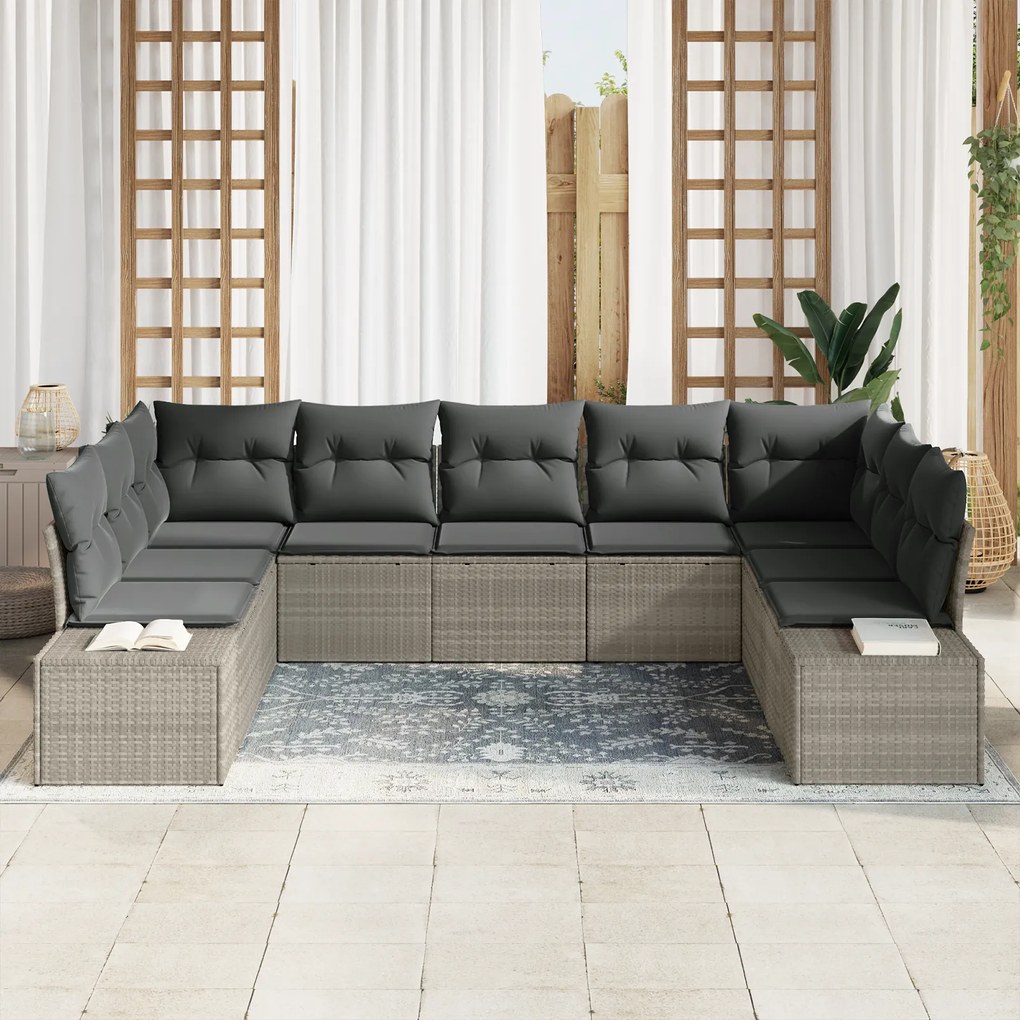 Conjunto de Sofá Jardim de 9 Peças com Almofadas Cinza Claro Rattan Po
