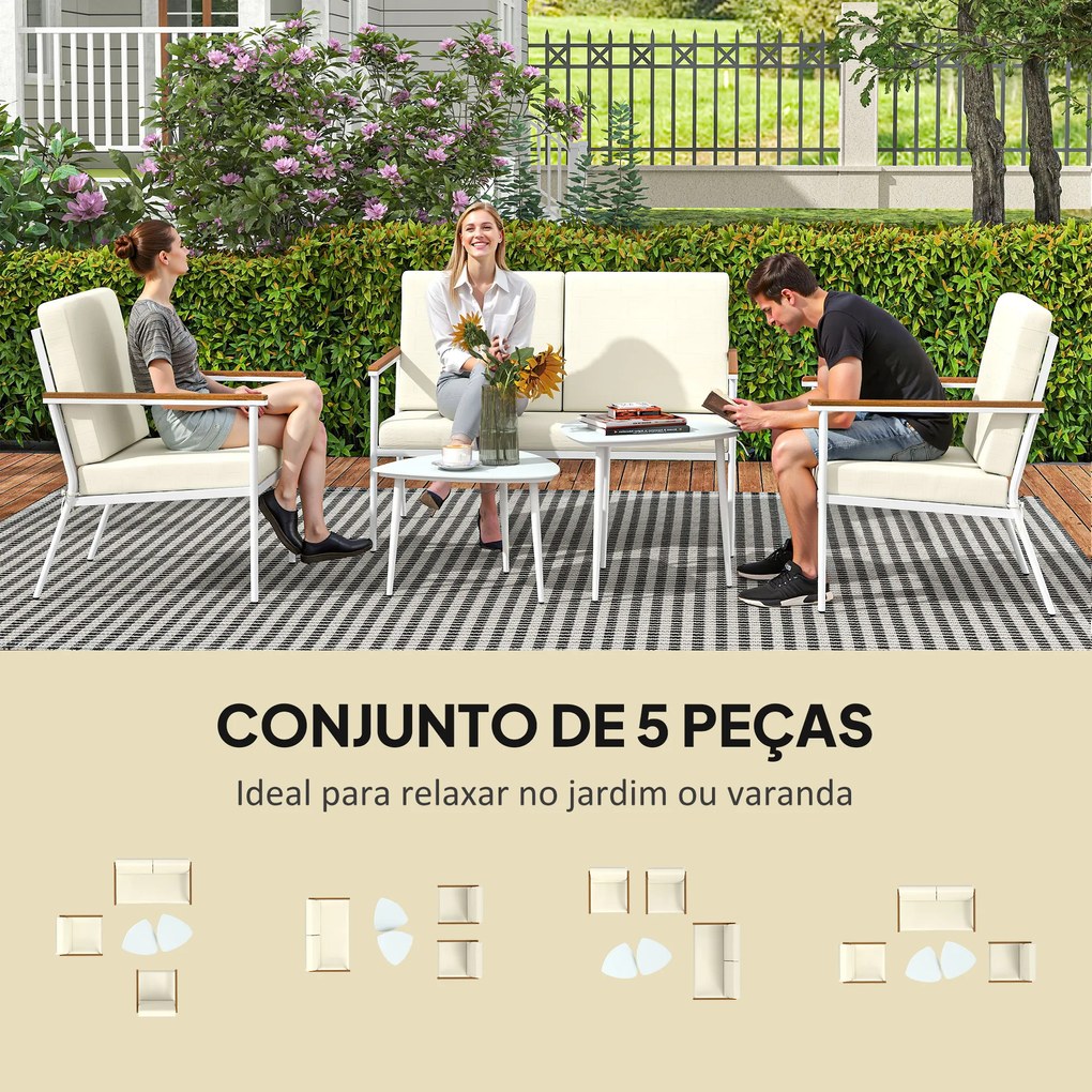 Conjunto de Jardim de 5 Peças com 1 Sofá de 2 Lugares 2 Poltronas e 2 Mesas de Centro com Bancada de Vidro Creme