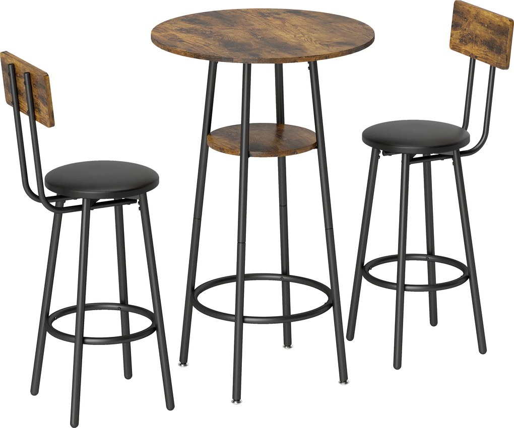 HOMCOM Conjunto de Mesa Industrial com 2 Bancos Estofados, Apoios para Pés, Estrutura Metálica, Mesa de Cozinha com Prateleira, Castanho Rústico | Aosom Portugal