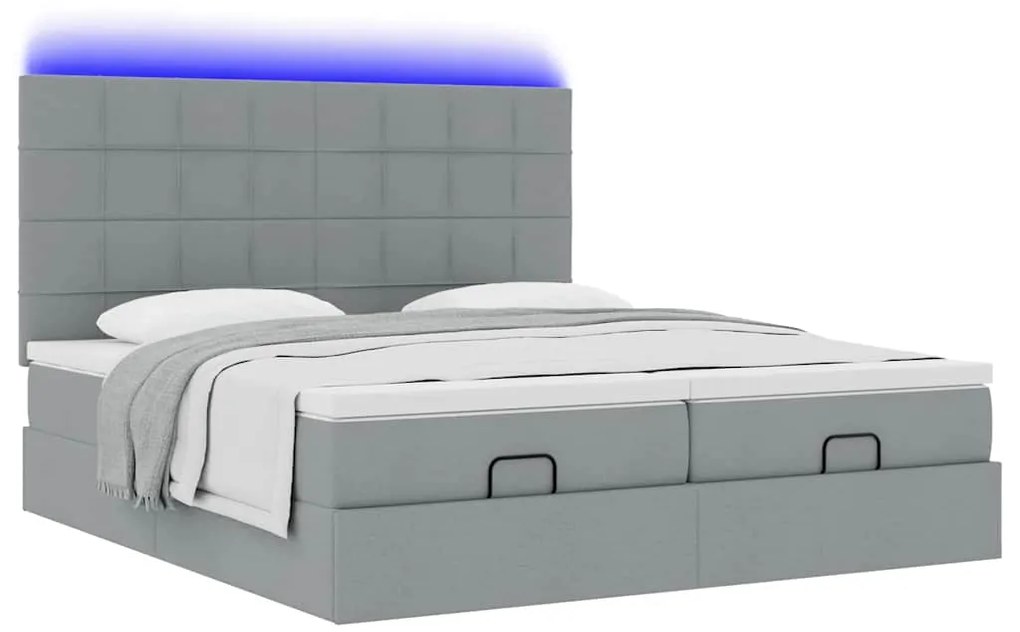 Estrutura de cama otomana com colchões tecido cinzento claro