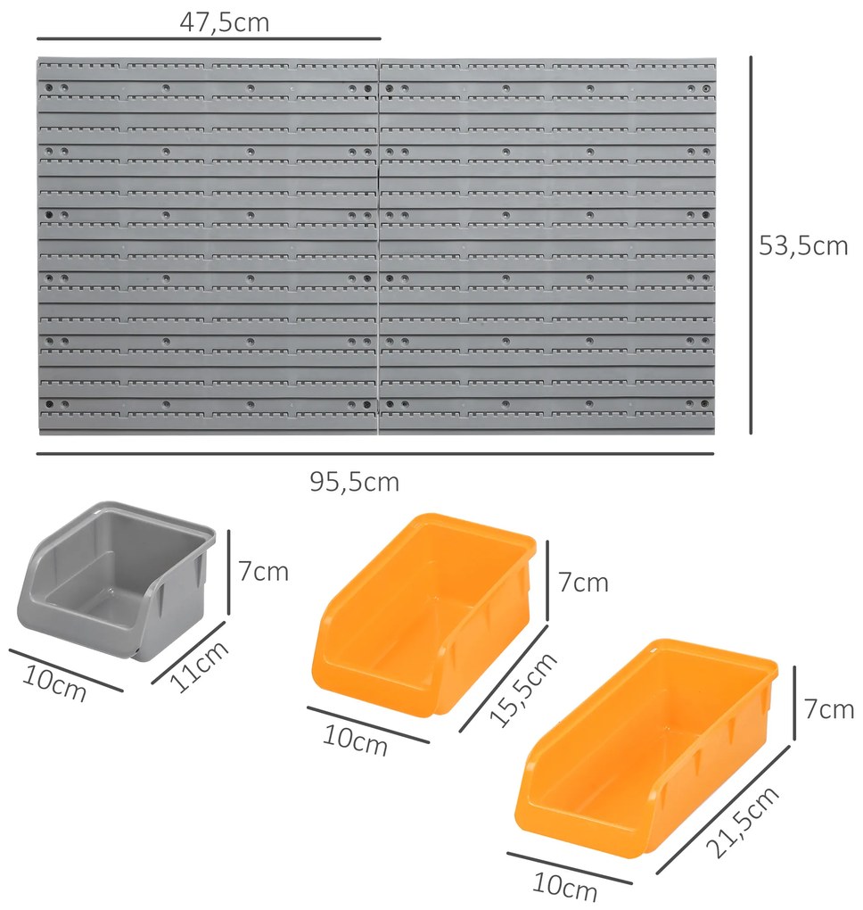 Prateleira de Parede Organizador de Ferramentas com 28 Caixas Empilháveis ​​e Ganchos 95,5x22,5x53,5 cm Cinza e Laranja