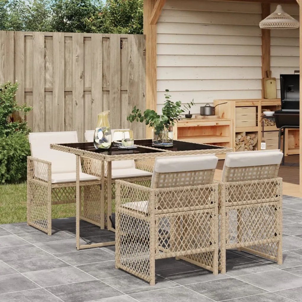 vidaXL 5 pcs conjunto de jantar p/ jardim com almofadões vime PE bege