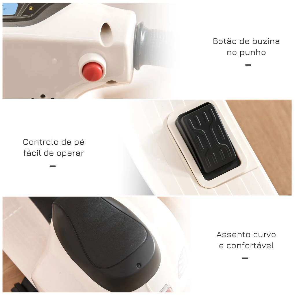 Mota Elétrica 6v Vespa para Crianças 1,5 a 3 anos com Farol e Buzina 66,5x38x53 cm Branco