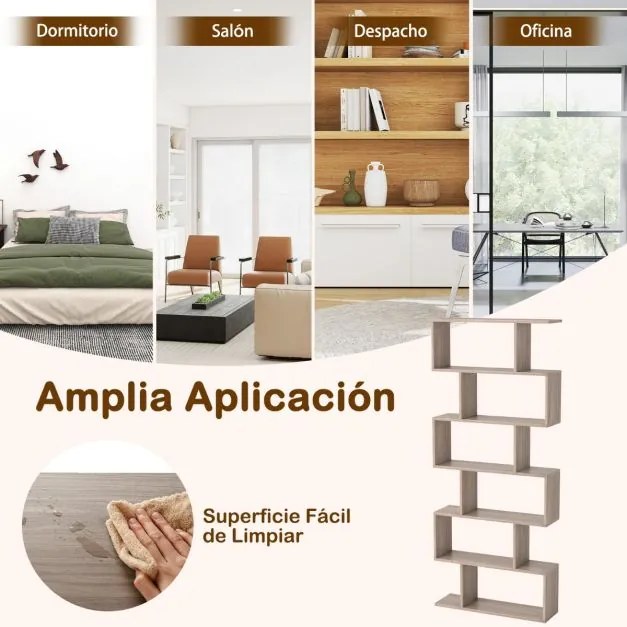 Estante de livros 80 x 23 x 191 cm de 6 níveis em forma de S de madeira para escritório ou sala de estar Cinzento