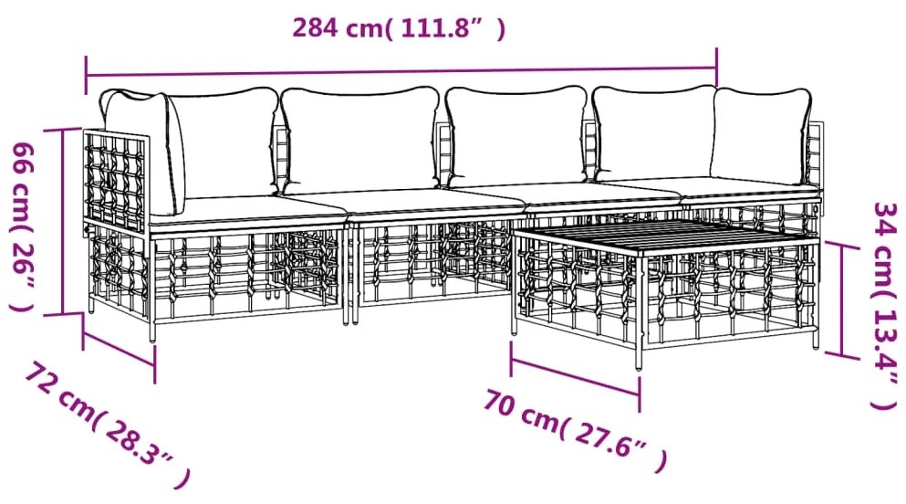 5 pcs conjunto lounge de jardim c/ almofadões vime PE antracite