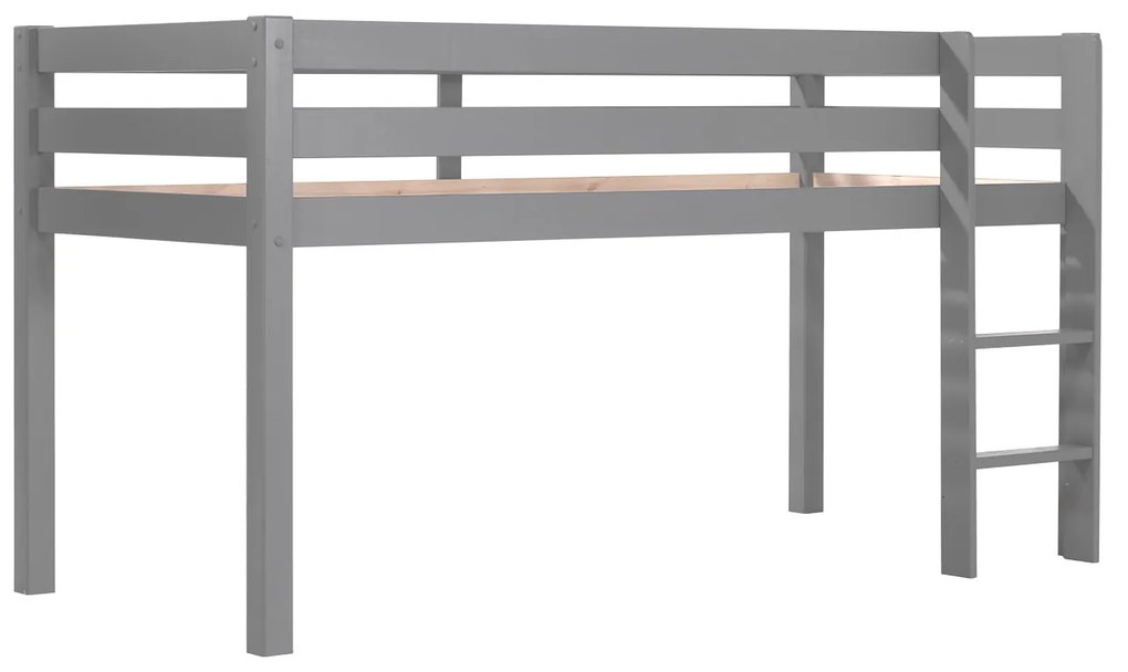 Conjunto Cama alta de Criança PINO 90 x 200 cm + estrado + escada + cortina + 3 Bolsas Pássaro Cinzenta