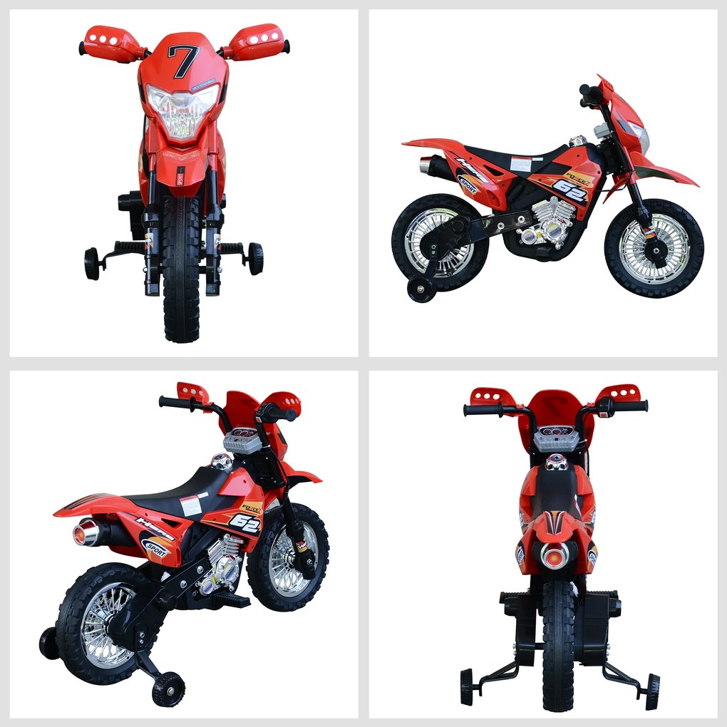 HOMCOM Mota Elétrica Infantil Motocicleta Elétrica para Crianças acima de 3 Anos com Luzes Música e Rodas de Apoio 109x52,5x70,5cm Vermelha
