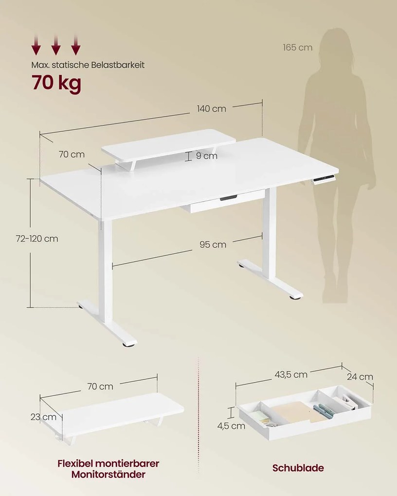 Secretária elétrica com altura ajustável 140 x 70 x 70 x (72-120) cm, suporte para monitor e USB Branca