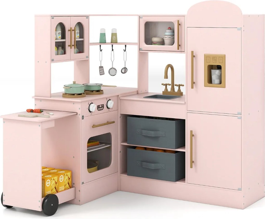 Cozinha de brincar de canto com luzes e sons, bancada retrátil, inclui lava-louças, fogão, frigorífico e acessórios para maiores de 3 anos, cor rosa