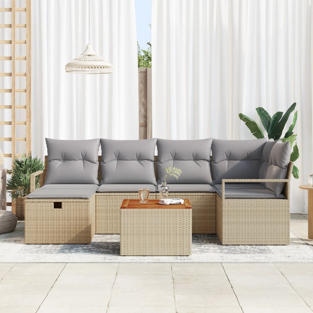 Conjunto de Sofá de Jardim vidaXL 7 Peças com Almofadas Bege de Vime P