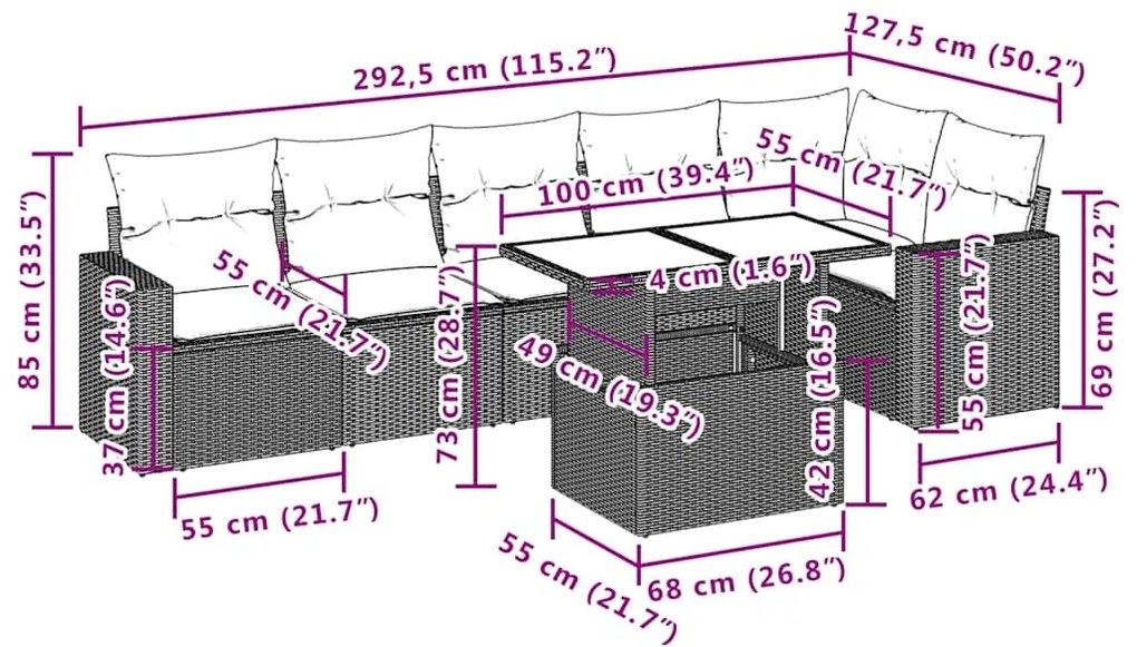 7 pcs conjunto de sofás p/ jardim com almofadões vime PE bege