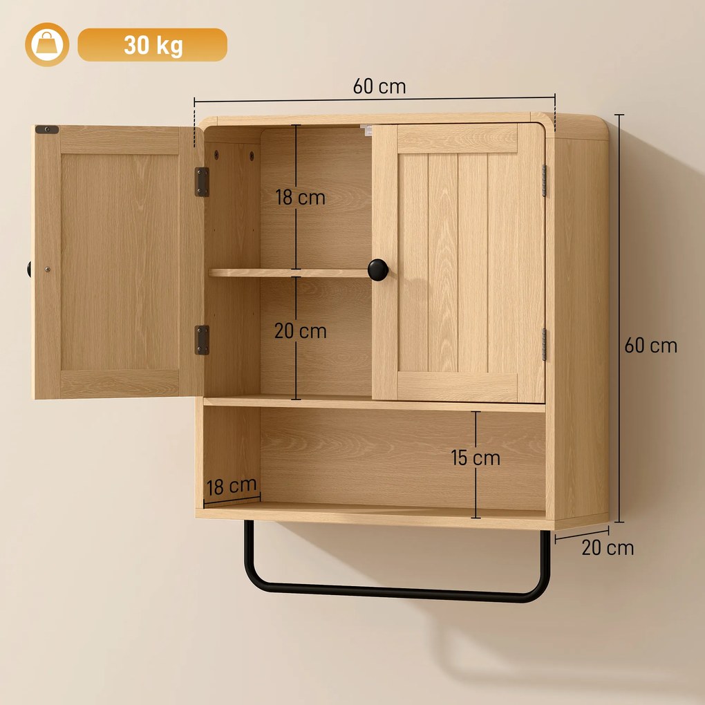 Armário de parede para casa de banho 60 L x 20 P x 60 A cm, móvel suspenso com 2 portas, prateleira aberta, toalheiro, cor carvalho