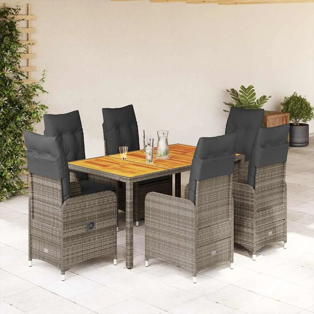 vidaXL 7 pcs conjunto bistrô de jardim c/ almofadões vime PE cinza