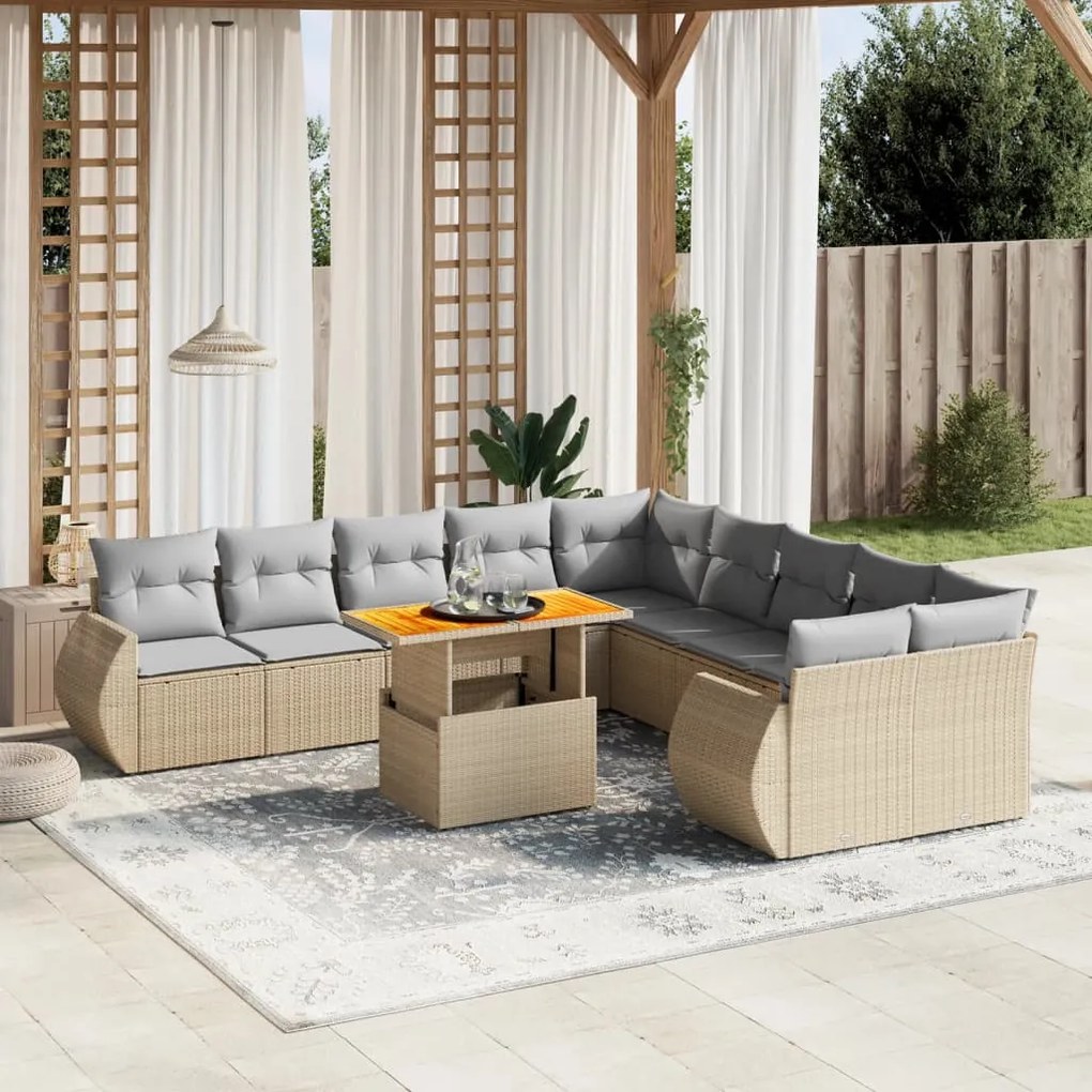 11 pcs conjunto sofás de jardim c/ almofadões vime PE bege