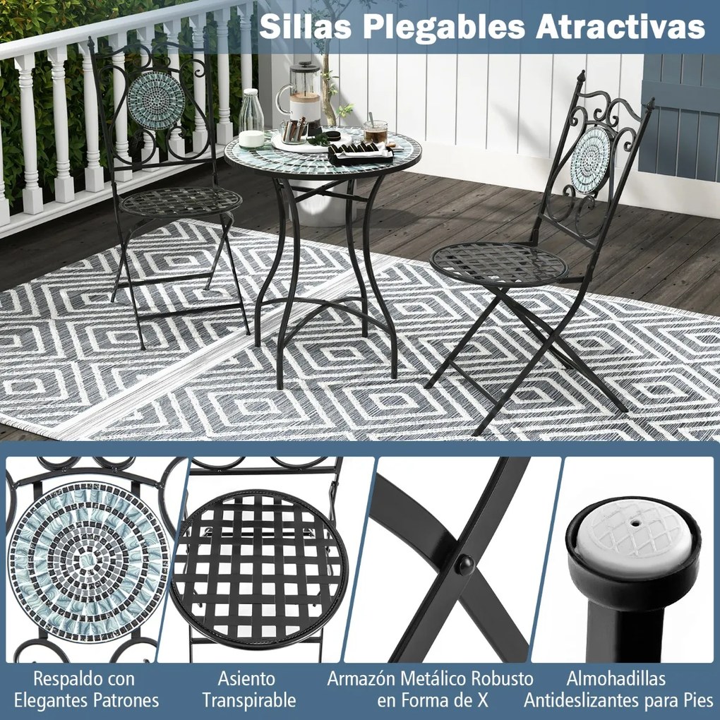 Conjunto Bistro Mesa redonda e 2 cadeiras dobráveis com padrão de mosaico Estrutura metálica robusta para utilização no interior e no exterior Cinzent