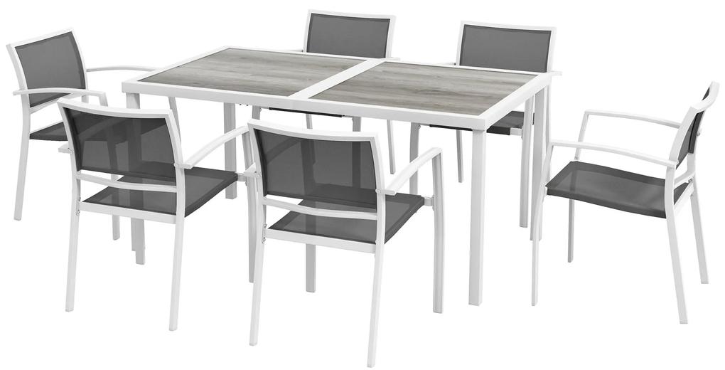 Conjunto de Mesa de Jantar de Jardim de 7 Peças com 1 Mesa e 6 Cadeiras Empilháveis Estilo Moderno Branco e Cinza