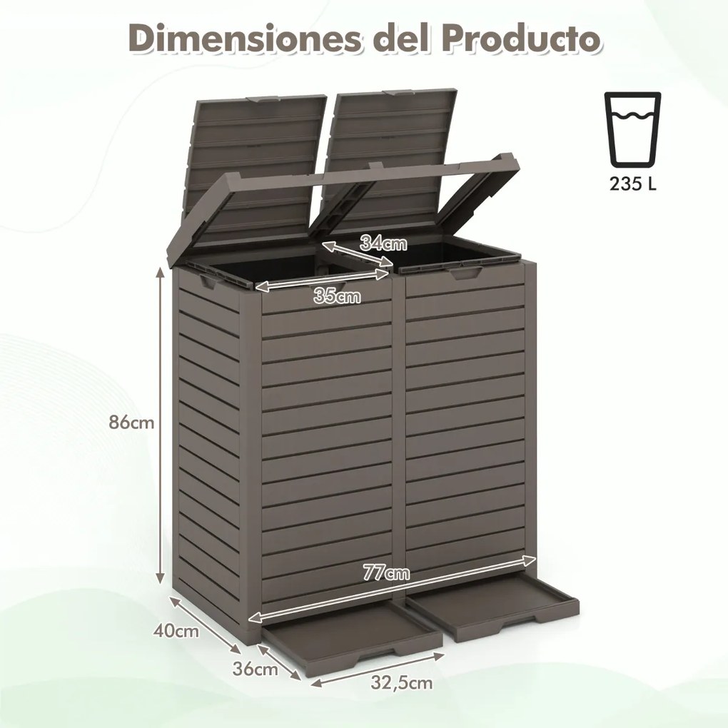 Caixote do lixo exterior 118 L x 2 com tampa dupla impermeável Alça para jardim Pátio Terraço Cozinha Castanho