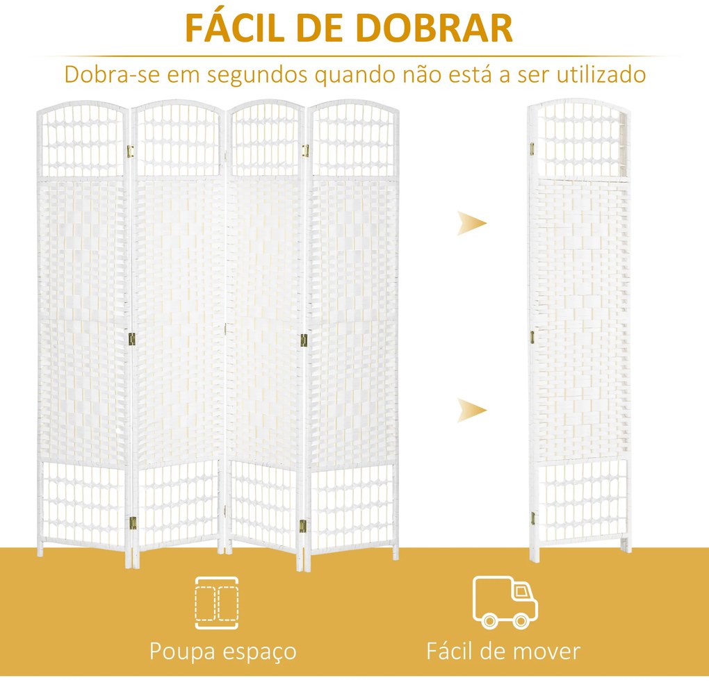 Biombo de 4 Painéis Dobrável Separador de Ambientes de Corda de Papel e Estrutura de Madeira 60x170 cm Branco