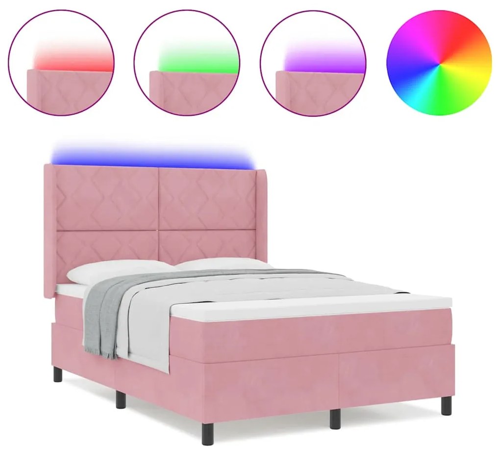 Cama Box Spring com Colchão &amp; LED Rosa 140x190 cm Veludo