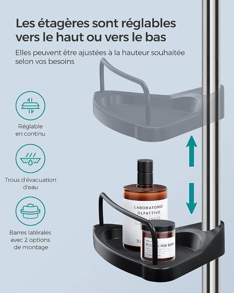 Prateleira de duche regulável em altura 95-300 cm aço inoxidável preto-prateado