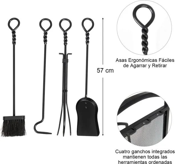 Estante para lenha com 4 ferramentas: pinça, escova, pá e atiçador para lareira 43,5 x 39,5 x 69,5 cm