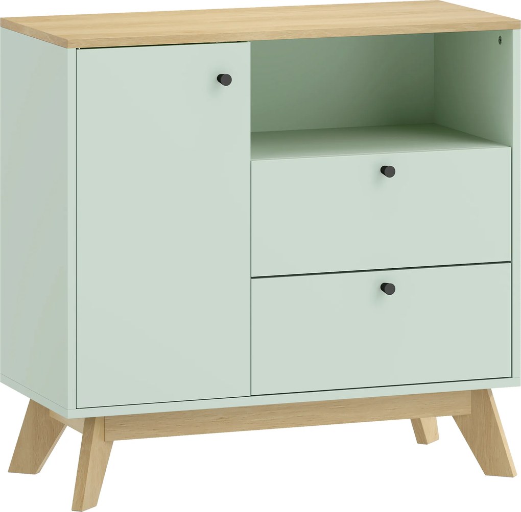 HOMCOM Buffet de sala, móvel de arrumação com porta, 2 gavetas, compartimento aberto e prateleira ajustável, verde claro e carvalho | Aosom Portugal
