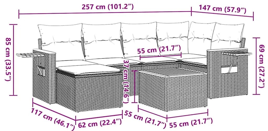 7 pcs conjunto de sofás p/ jardim c/ almofadões vime PE preto