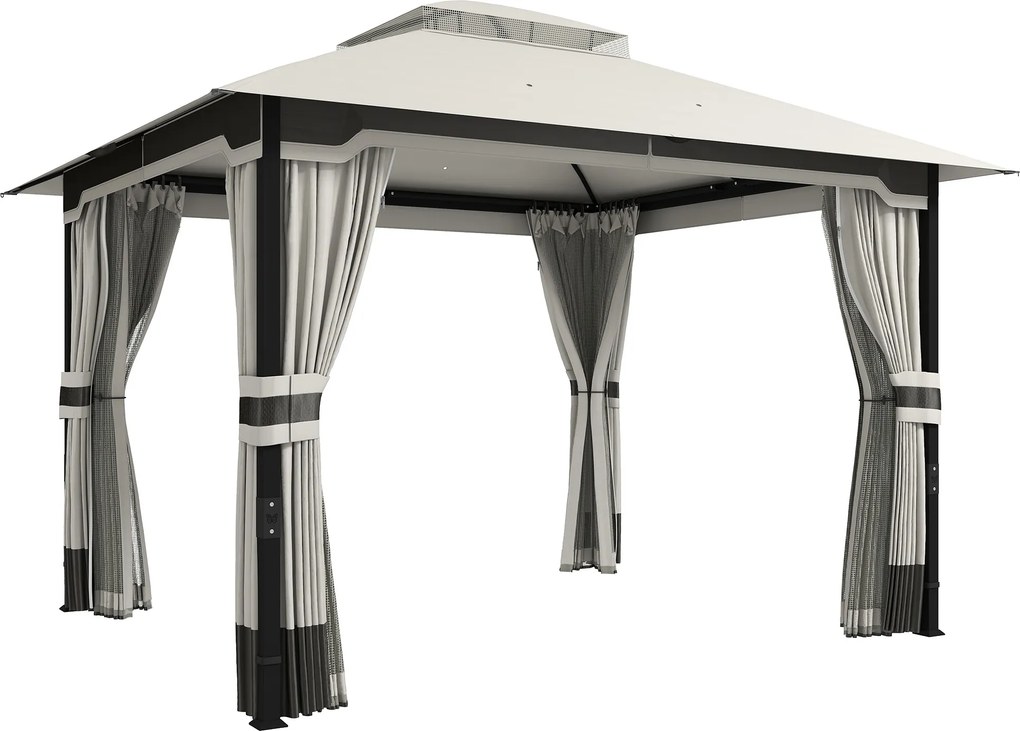 Pérgola de Jardim 360x300x279 cm com Duplo Teto 4 Paredes Laterais e Rede Mosquiteira Estrutura Metálica Cinza Claro