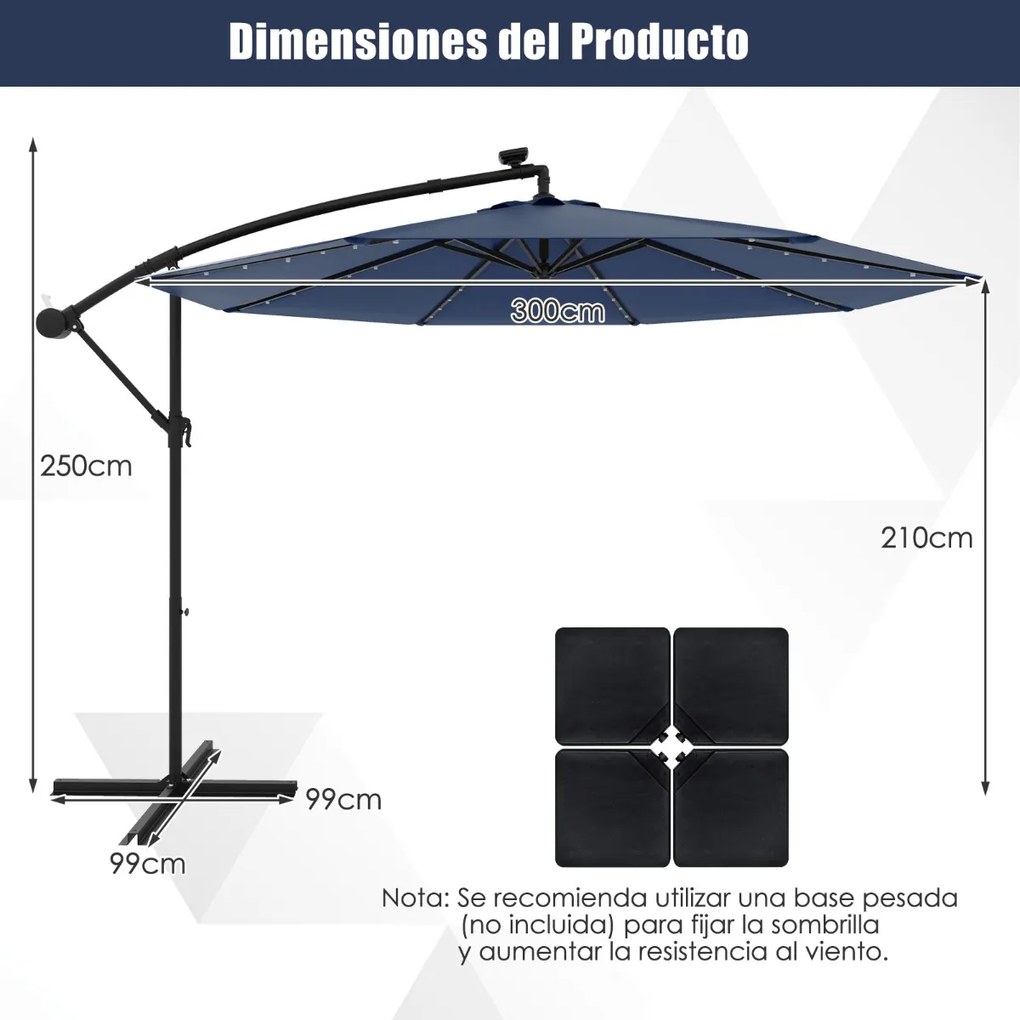 Guarda-sol Solar 3M com 40 Lâmpadas Painel Solar Ajuste de Inclinação com Base Cruzada (SEM PESOS) Iluminado Azul marinho