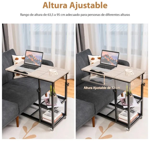 Mesa lateral móvel em forma de C com altura ajustável para computador, superfície de sofá com inclinação industrial, sala de estar, quarto, natural
