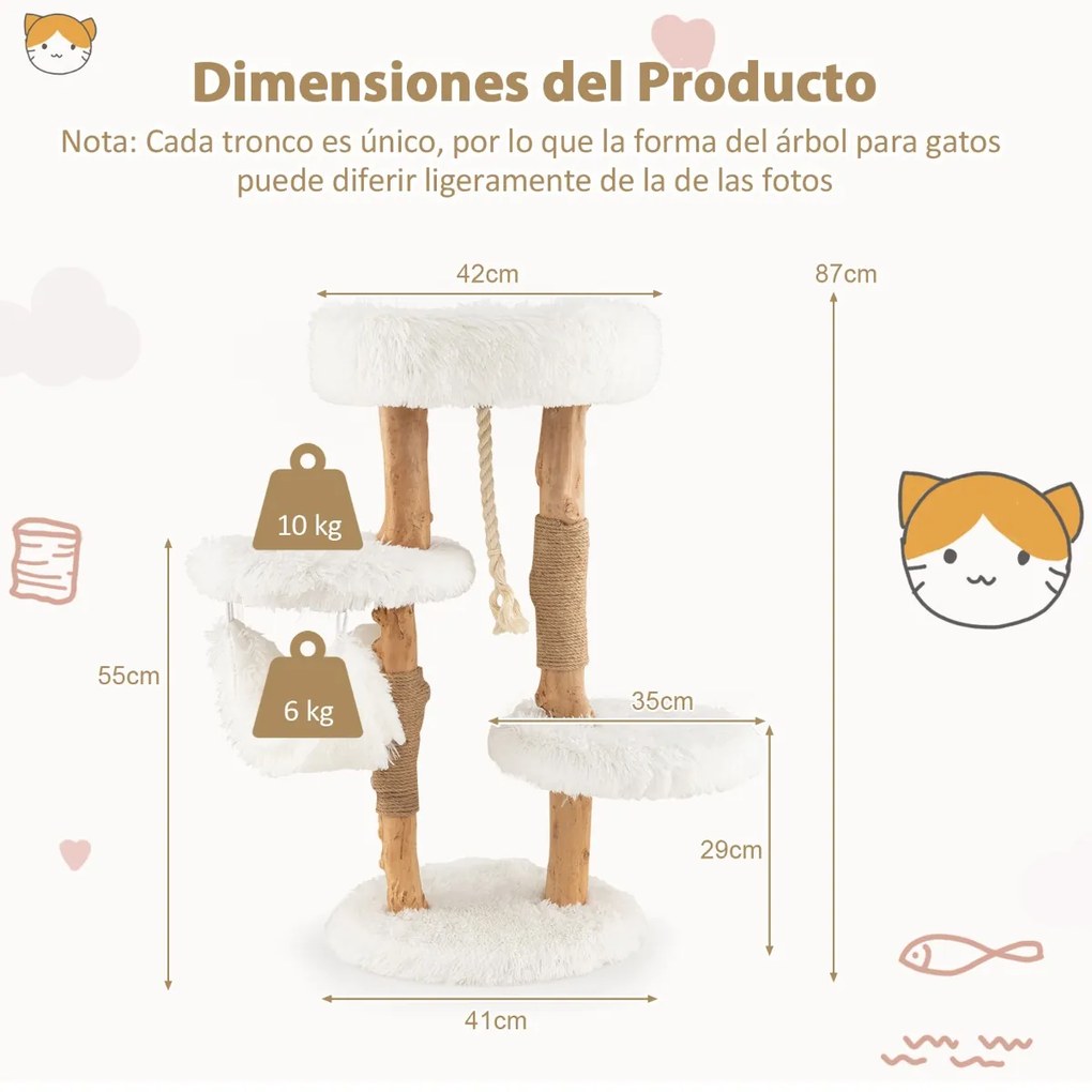 Arranhador para gatos em madeira maciça com postes de sisal Rede de dormir Corda de sisal Pendurada Corda de sisal 41 x 41 x 87 cm Natural e branco