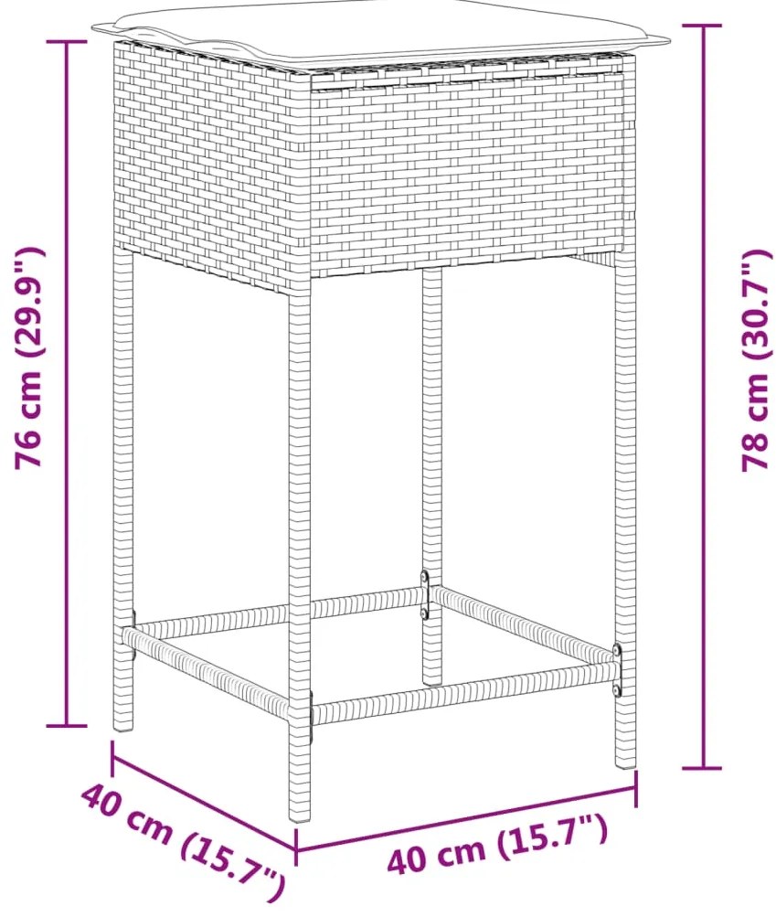 Bancos de bar p/ jardim com almofadões 2pcs vime PE cinza-claro